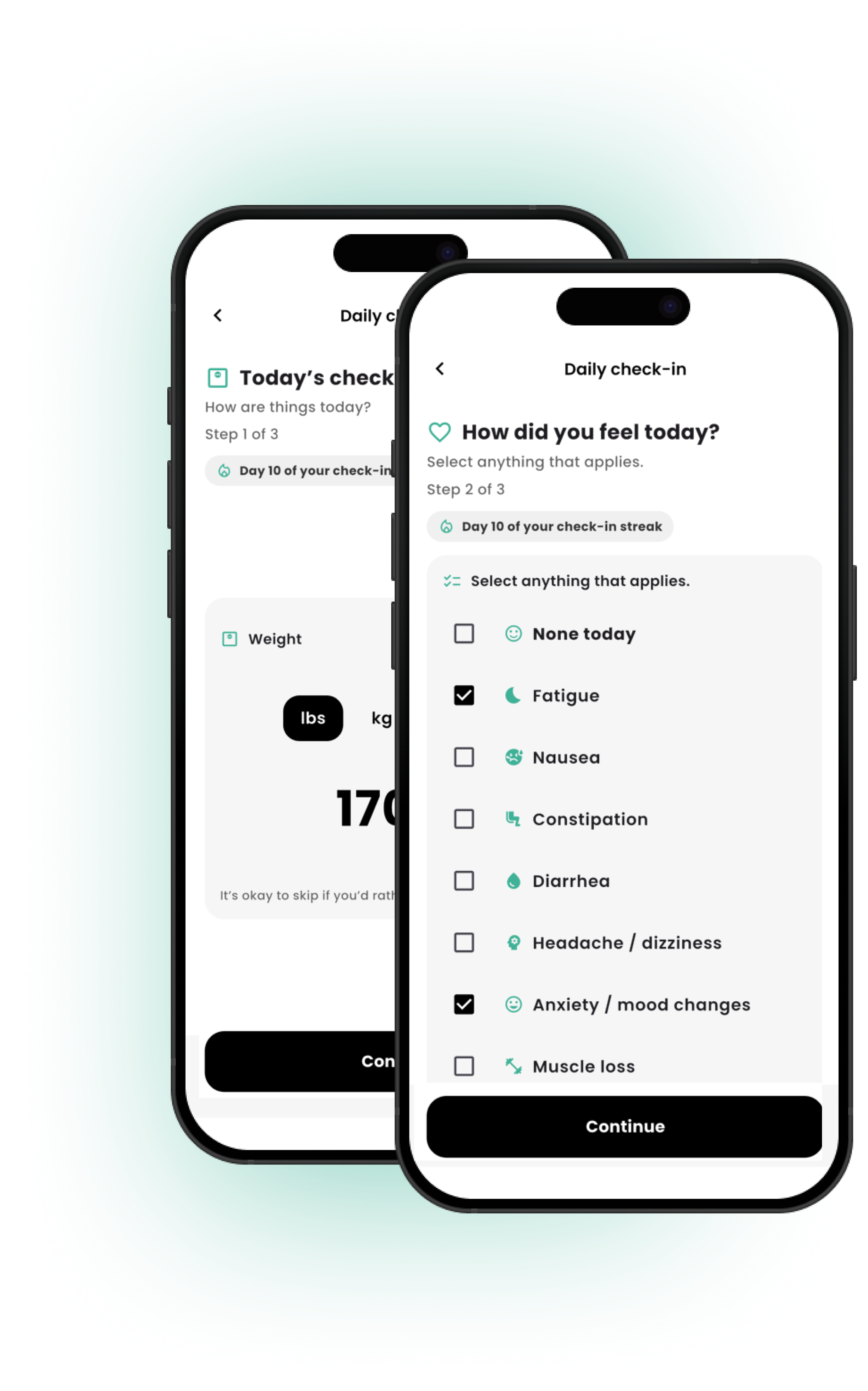 Glupi daily check-in screens showing weight and how you felt today.
