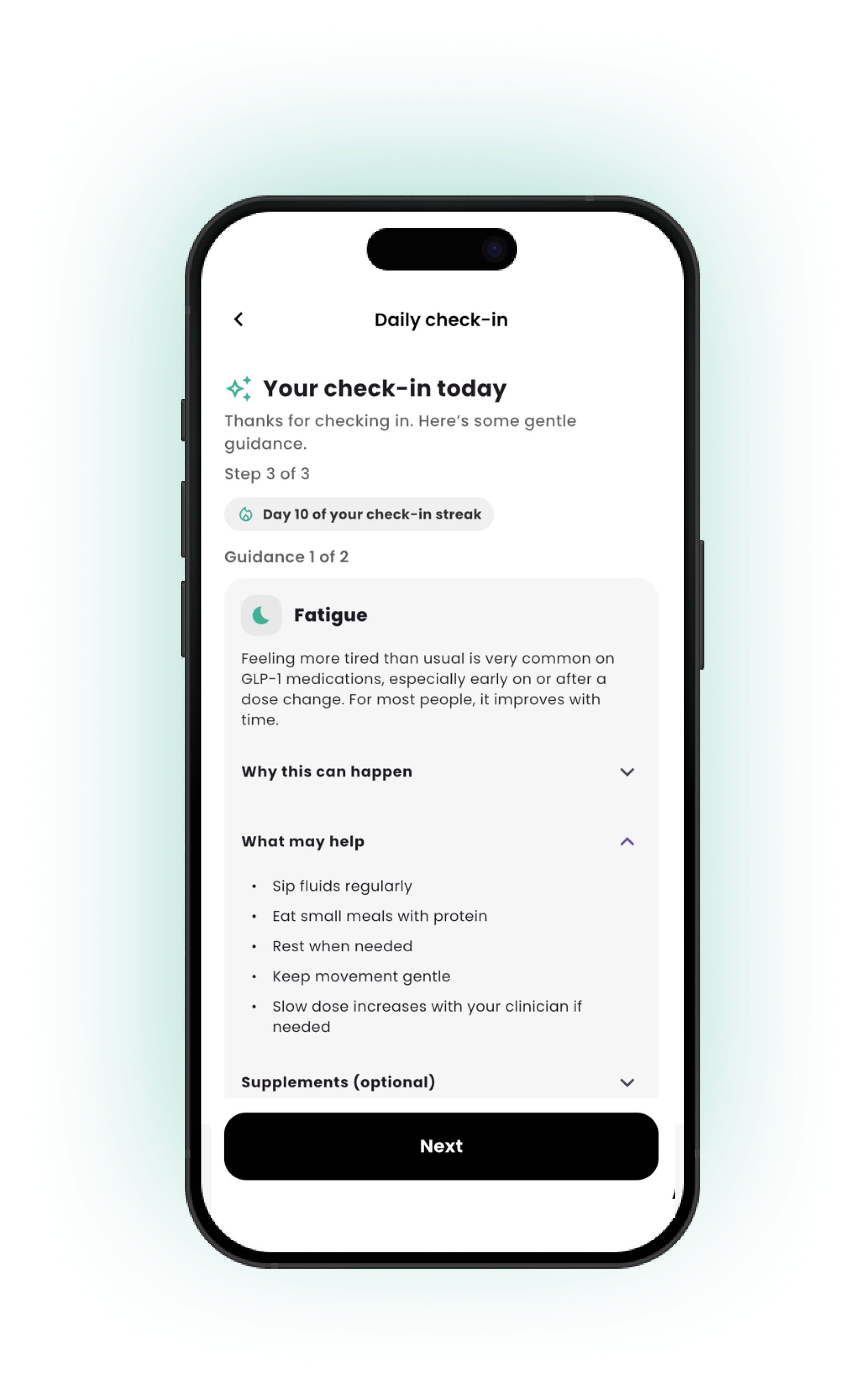 Glupi symptom guidance screen with calm, practical suggestions.